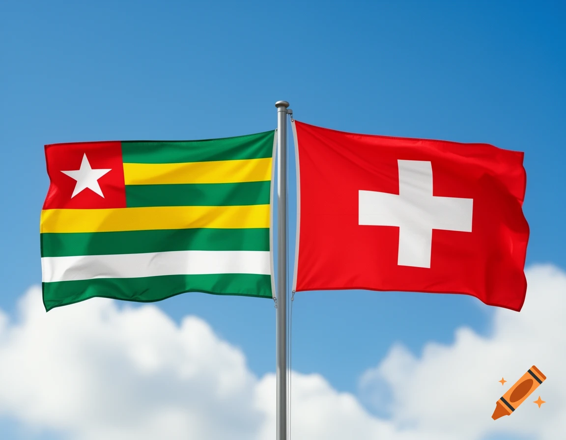 The flags of Togo and Switzerland flying side-by-side on a flagpole against a blue sky with white clouds.