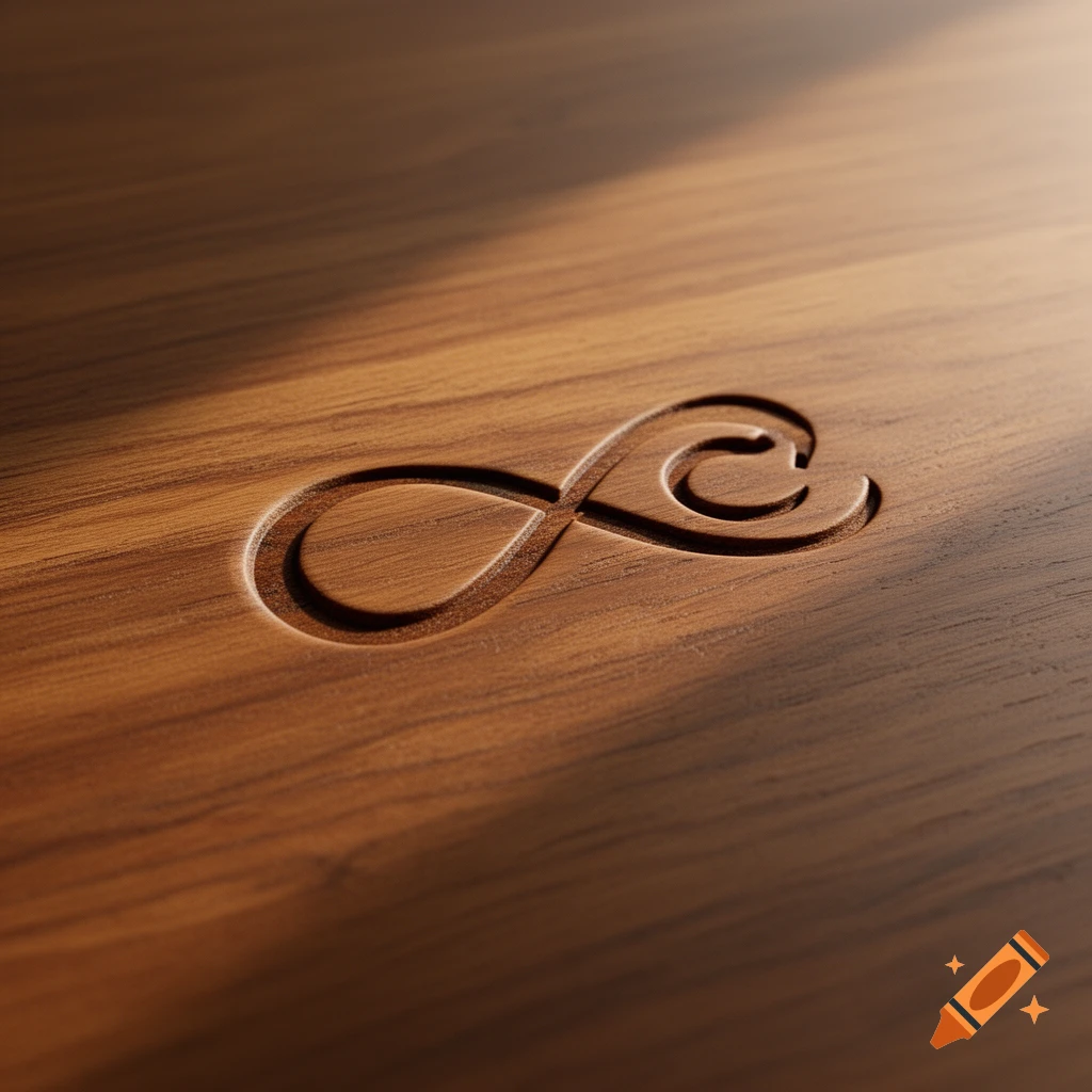 An infinity symbol carved into a light brown wooden surface, illuminated by a sunbeam.