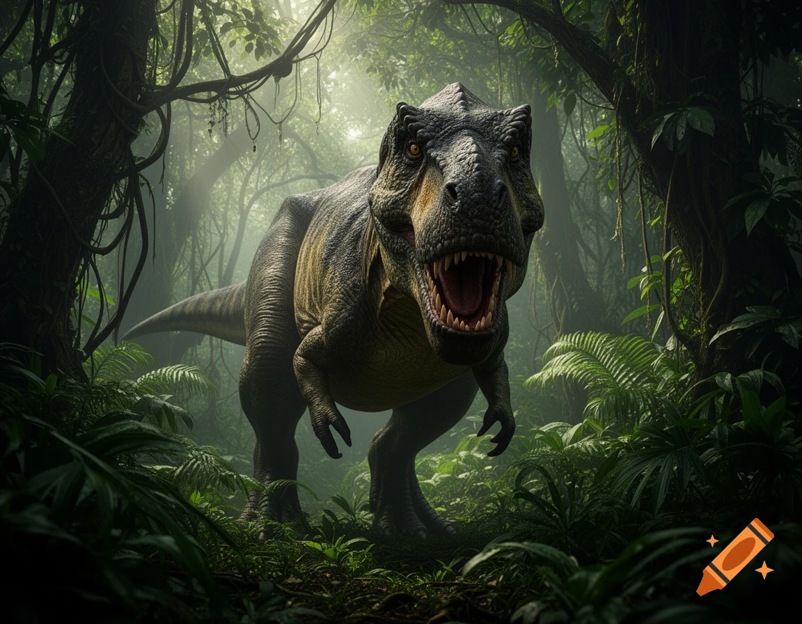 A menacing Tyrannosaurus Rex roars in a lush, misty jungle with dense foliage.