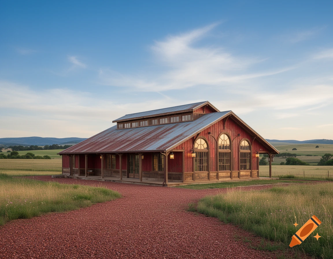 Red barndominium with a rusted metal roof and arched windows sits in a green field with a red gravel drive under a blue sky.