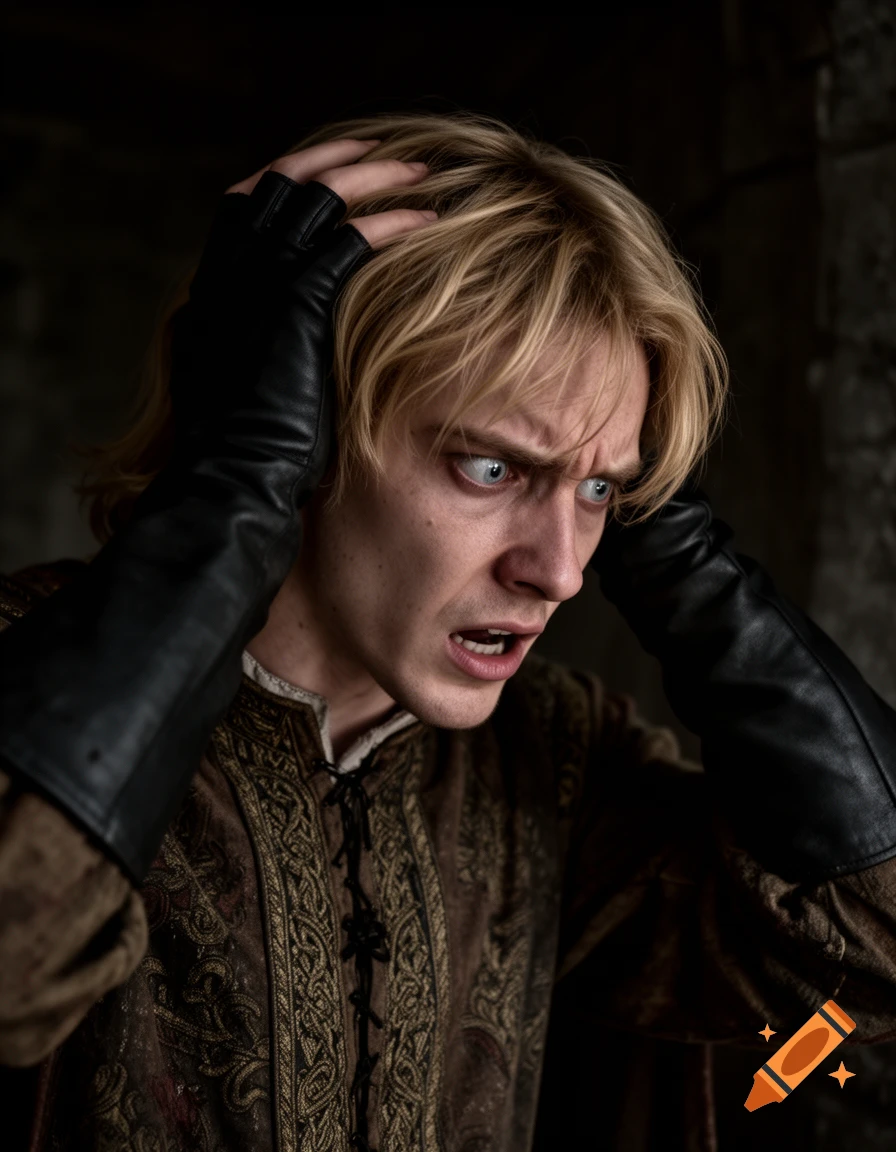 Close-up portrait of a young man with blond hair, wearing medieval attire and black fingerless gloves, holding his head with a terrified and pained expression.