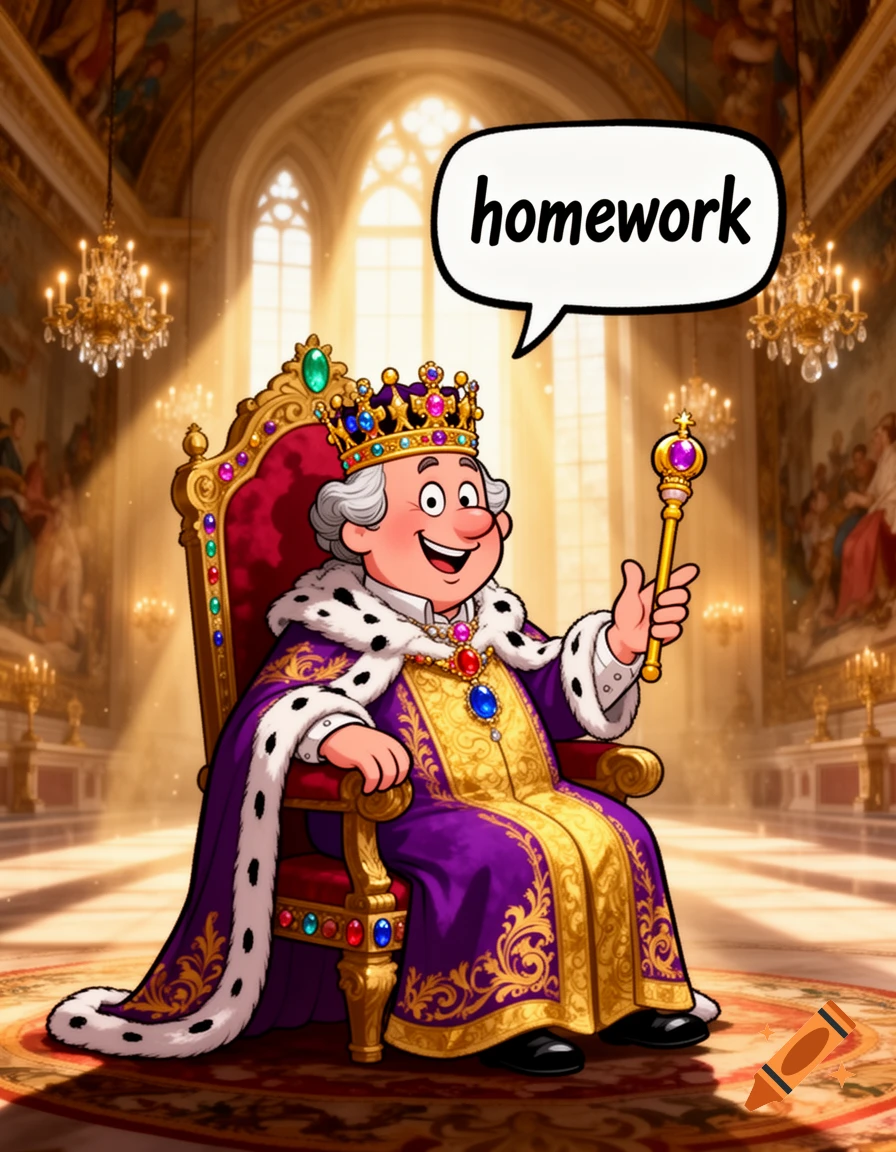 A cartoon king with a crown and royal robes sits on a throne in a grand palace, holding a scepter and saying "homework".