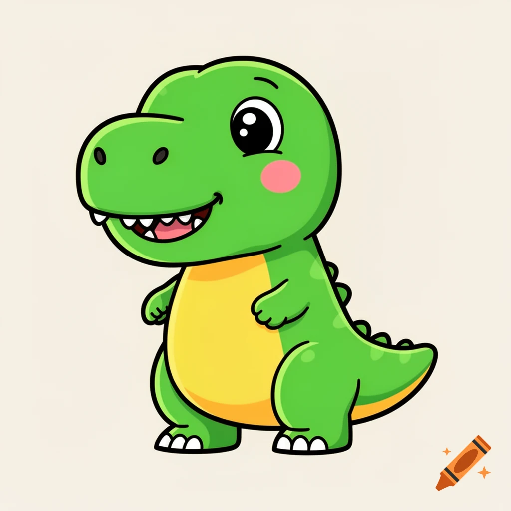 A cute green cartoon T-Rex with a yellow belly, black outline, and pink cheeks, smiling on a plain background.
