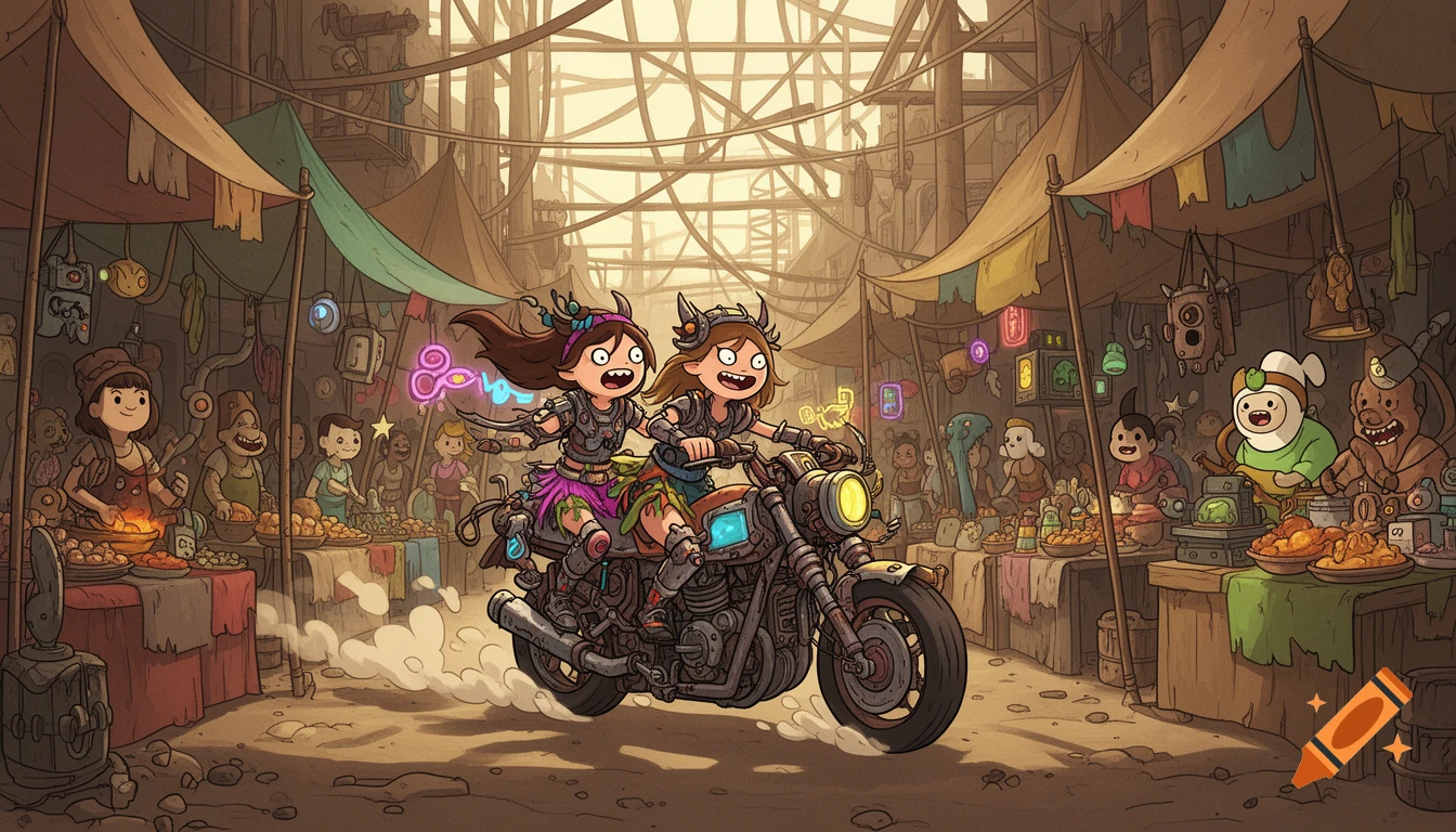 Two cartoon raider girls on a motorcycle speed through a bustling post-apocalyptic marketplace, Adventure Time style.