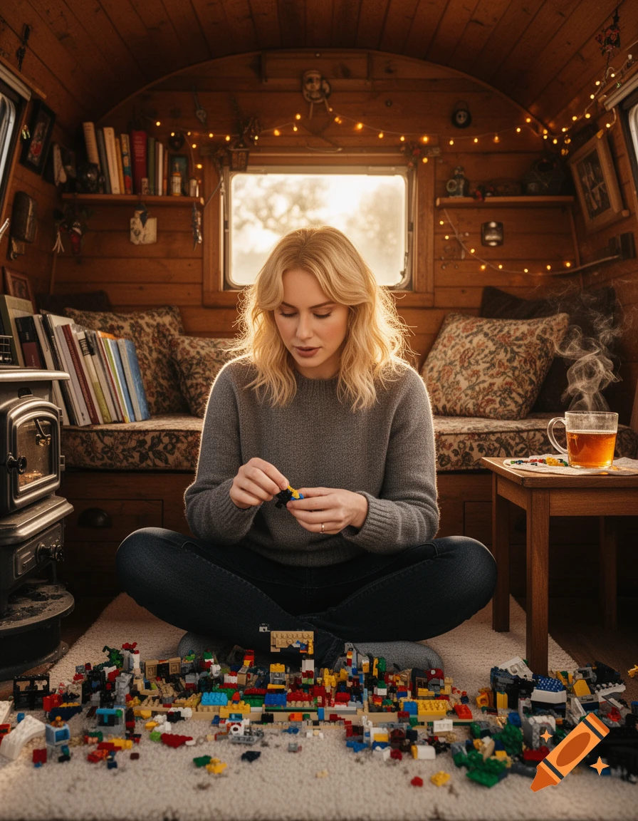 A blonde woman building colorful Lego bricks on a rug inside a cozy wooden caravan, with warm string lights.
