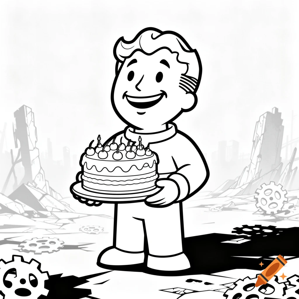 Line art of Vault Boy holding a birthday cake in a post-apocalyptic wasteland.