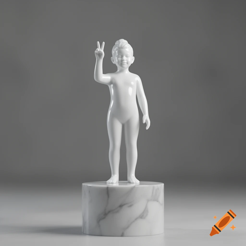 A white, minimalist figurine of a child making a peace sign, standing on a round marble pedestal against a grey background.