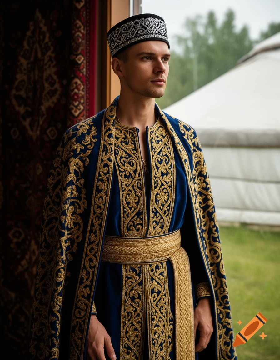 A photorealistic portrait of a man in ornate blue and gold traditional Tatarstan clothing and hat, looking out a window.