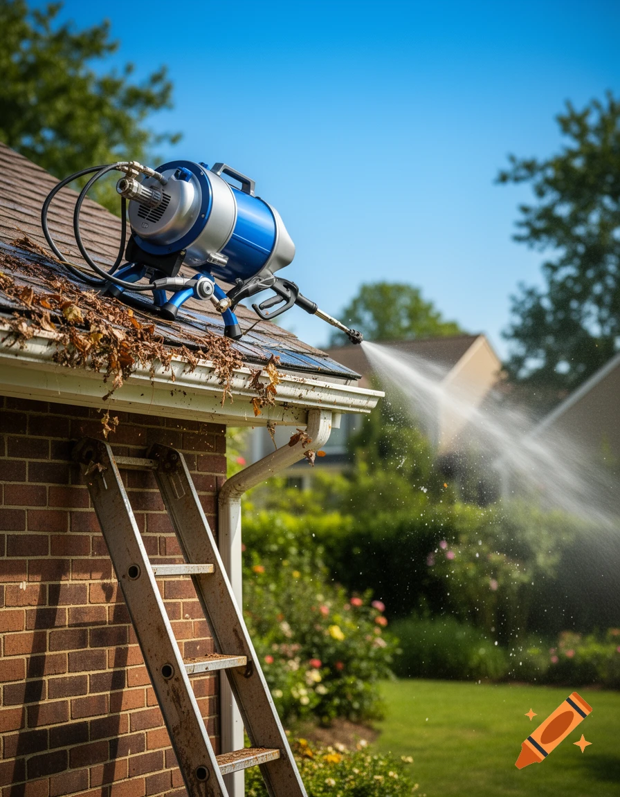 A blue and silver pressure washing machine on a shingled roof sprays water into a leaf-filled gutter, next to a ladder against a brick house.