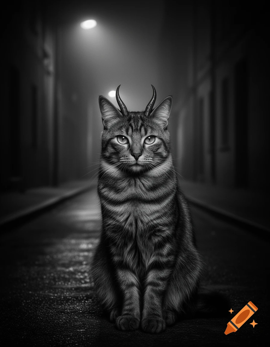 A gloomy black and white photo of a tabby cat with small horns, sitting on a wet street in a dark, foggy alley.