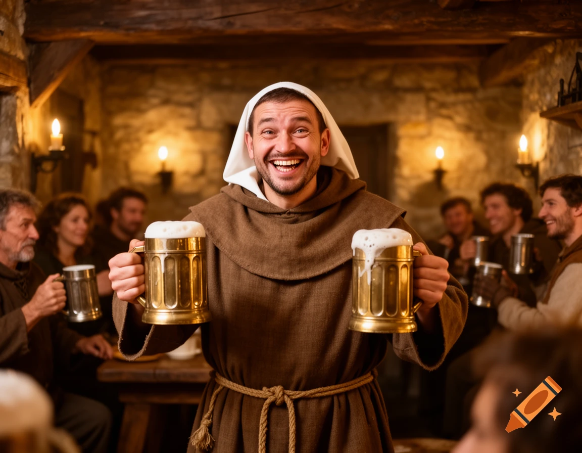 A smiling friar in a brown robe holds two foaming steins of beer in a dimly lit medieval tavern with other patrons.