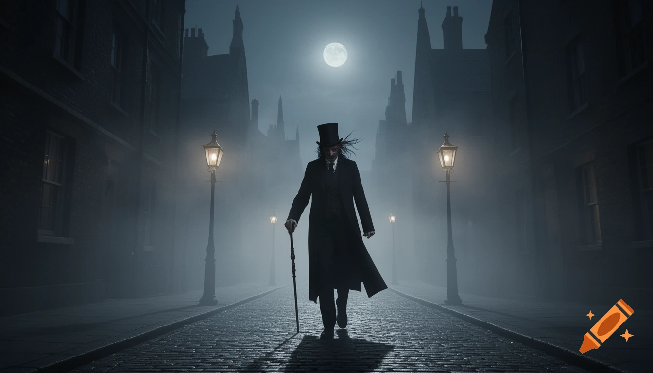 A menacing man in a top hat walks down a foggy Victorian London street at night, under a full moon.