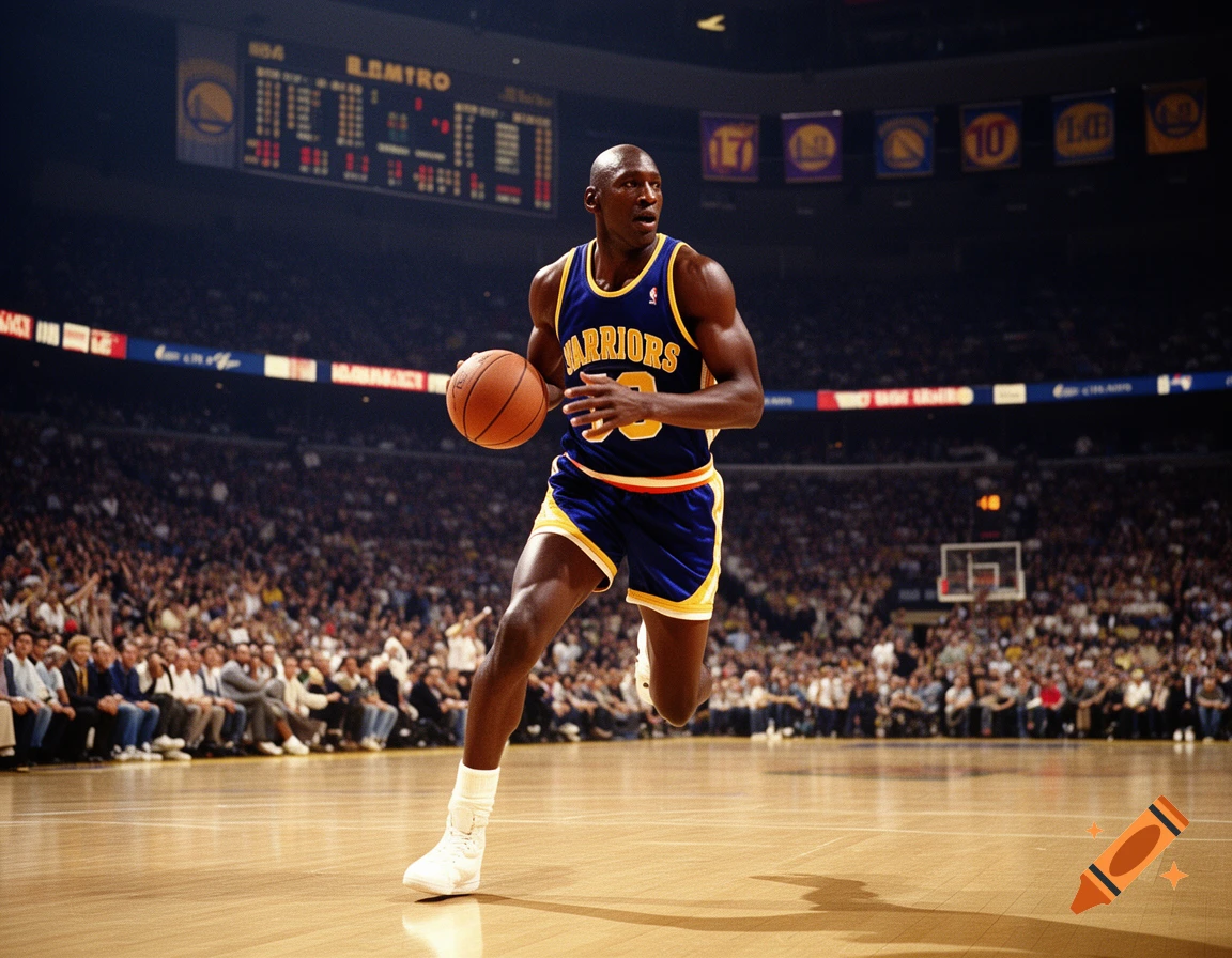 Photorealistic image of Michael Jordan in a blue and yellow Warriors jersey dribbling a basketball on a court during a game.