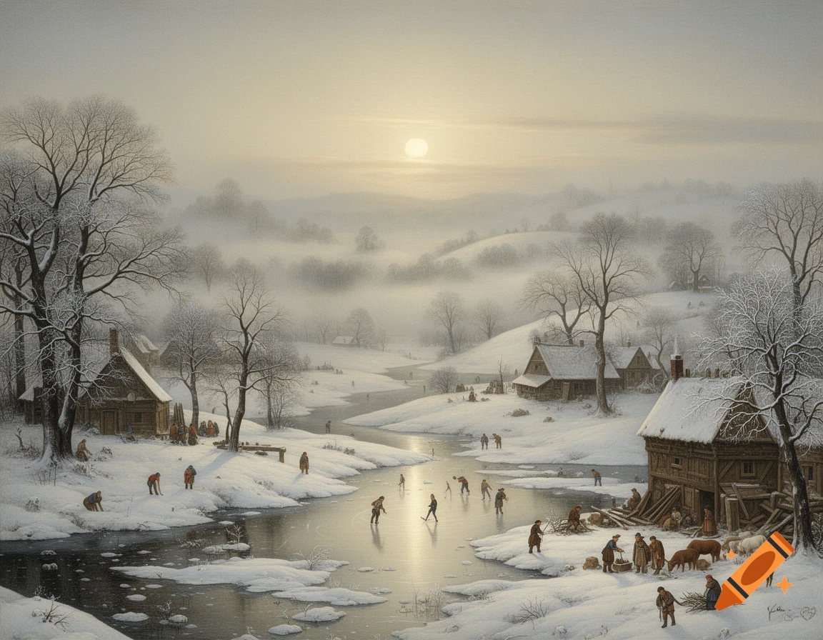 A snowy winter landscape painting in the style of Bruegel, with villagers ice skating on a frozen river and working near rustic houses under a misty sun.