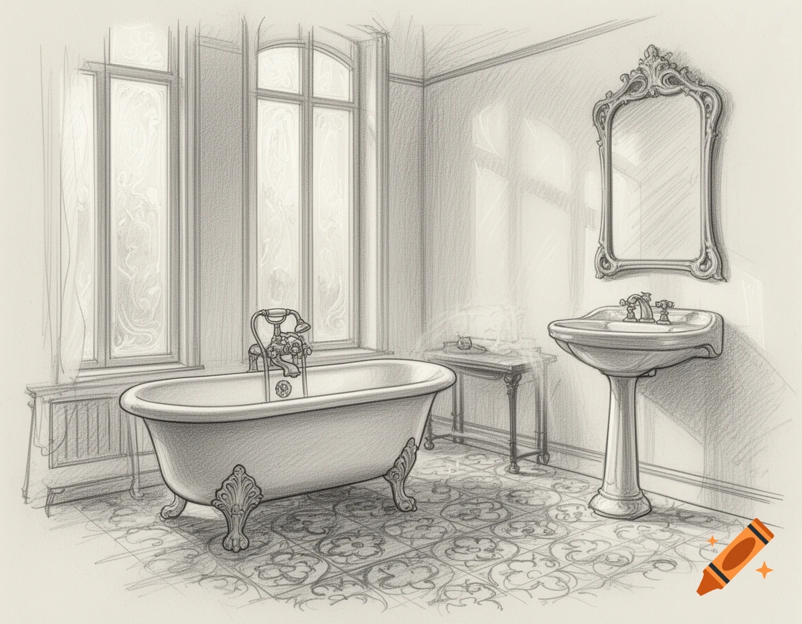 Pencil sketch of a vintage bathroom with a clawfoot tub, pedestal sink, ornate mirror, and tall windows.