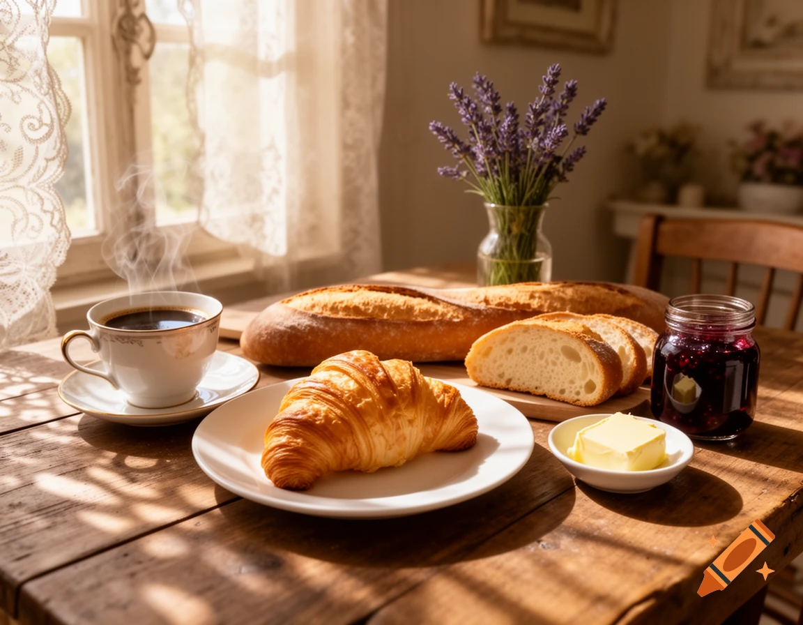 A rustic table with a French breakfast: coffee, croissant, baguette, butter, and jam, bathed in warm sunlight.