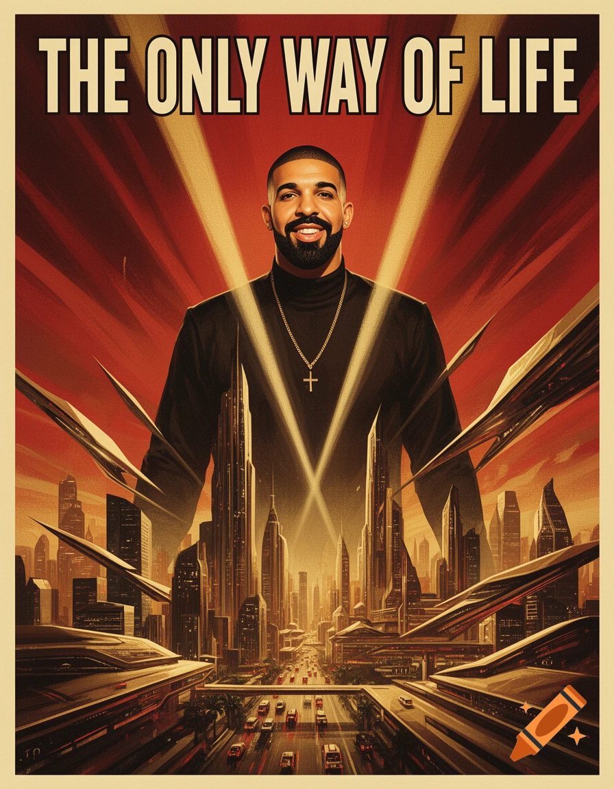 Propaganda poster of Drake smiling, with the text 'THE ONLY WAY OF LIFE' above a futuristic city skyline.