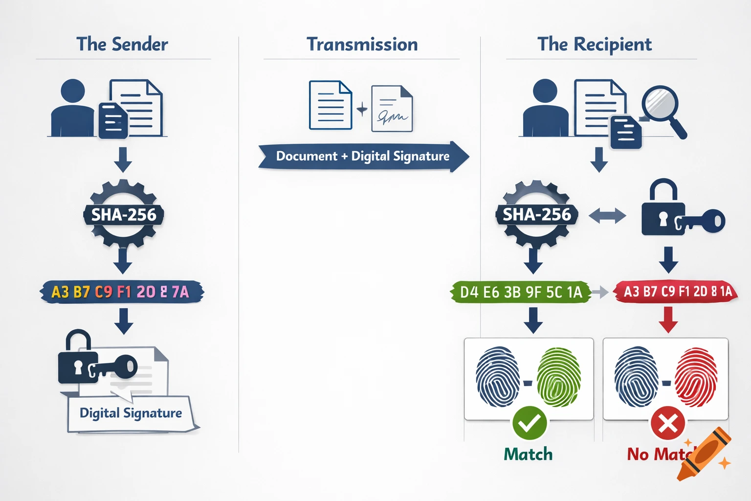 An infographic detailing the digital signature process, showing sender, transmission, and recipient steps with SHA-256 hashing and verification of fingerprints.