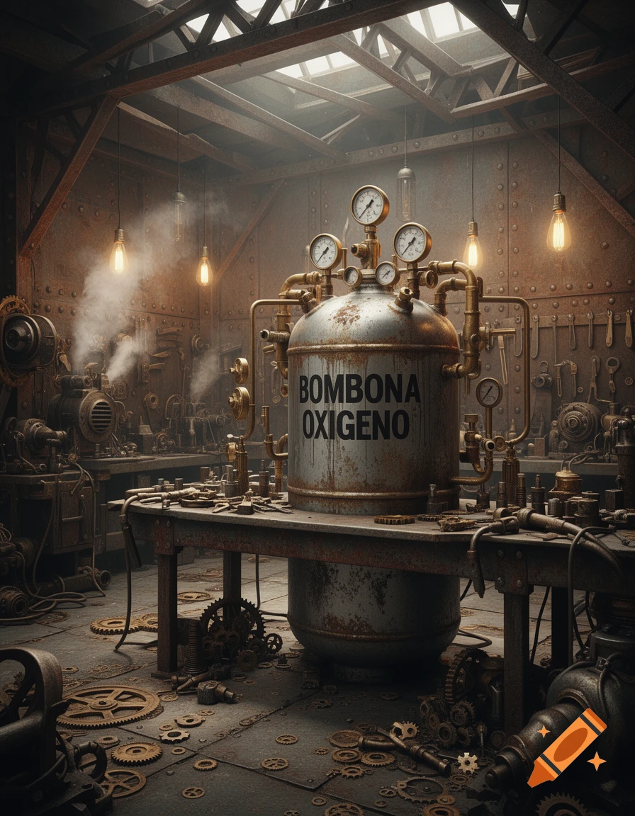 A large, rusty oxygen tank with 'BOMBONA OXIGENO' on its side, surrounded by gauges and pipes, within a detailed dieselpunk workshop.