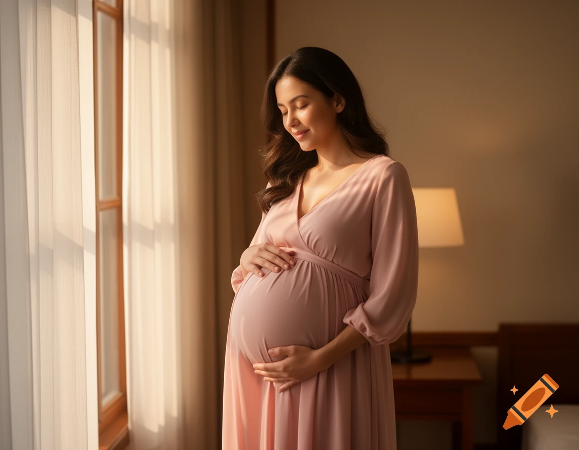 A pregnant woman in a soft pink dress smiles while gently holding her baby bump, bathed in warm light by a window.