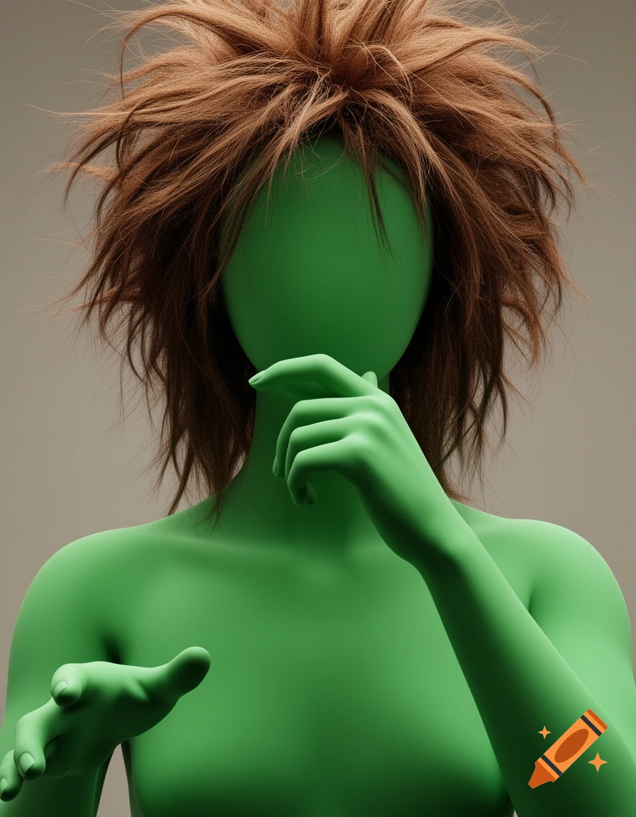 A green, faceless figure with messy brown hair poses with one hand to its chin, the other outstretched.