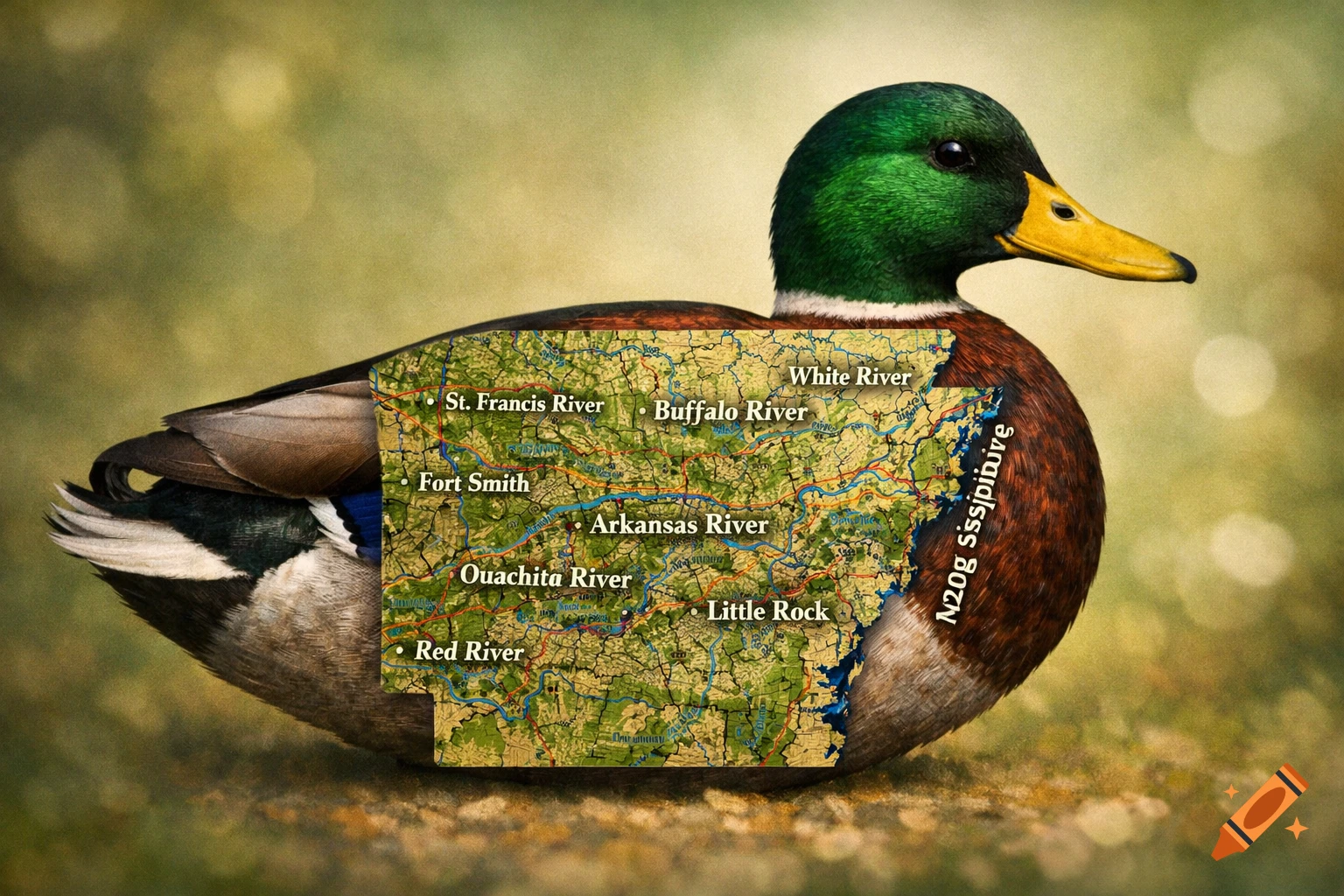 A photorealistic mallard duck with its body filled by a map of Arkansas, showing rivers and city names, on a blurred green background.