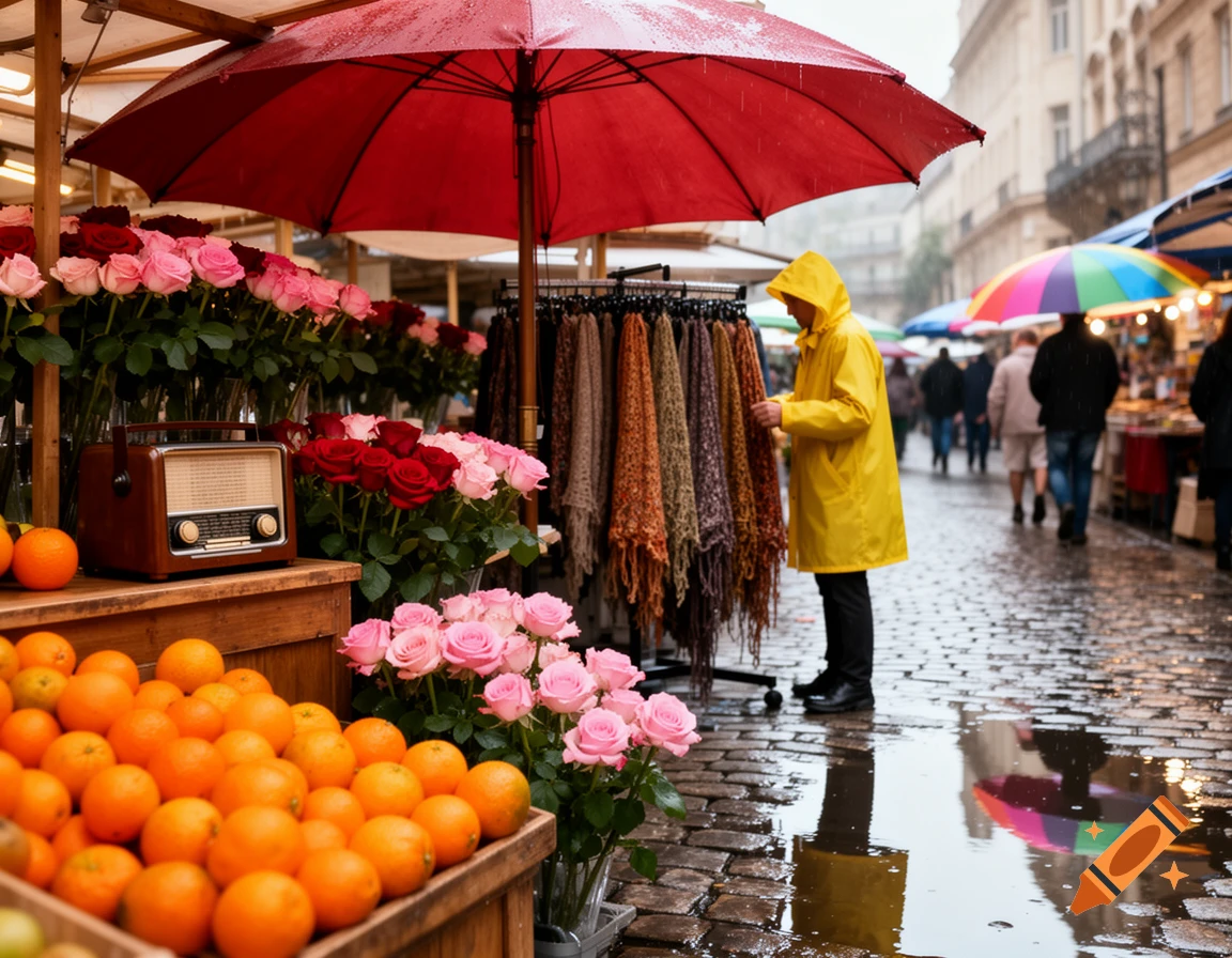 A person in a yellow raincoat shops at a rainy street market, with red and pink roses, oranges, and a vintage radio in the foreground.