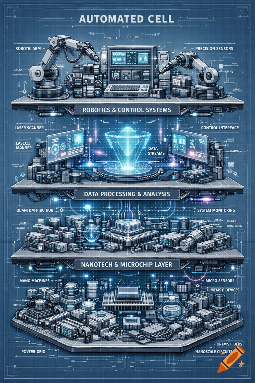 An intricate blue blueprint diagram of an automated cell, divided into four layers: robotics, data processing, nanotech, and power grid.