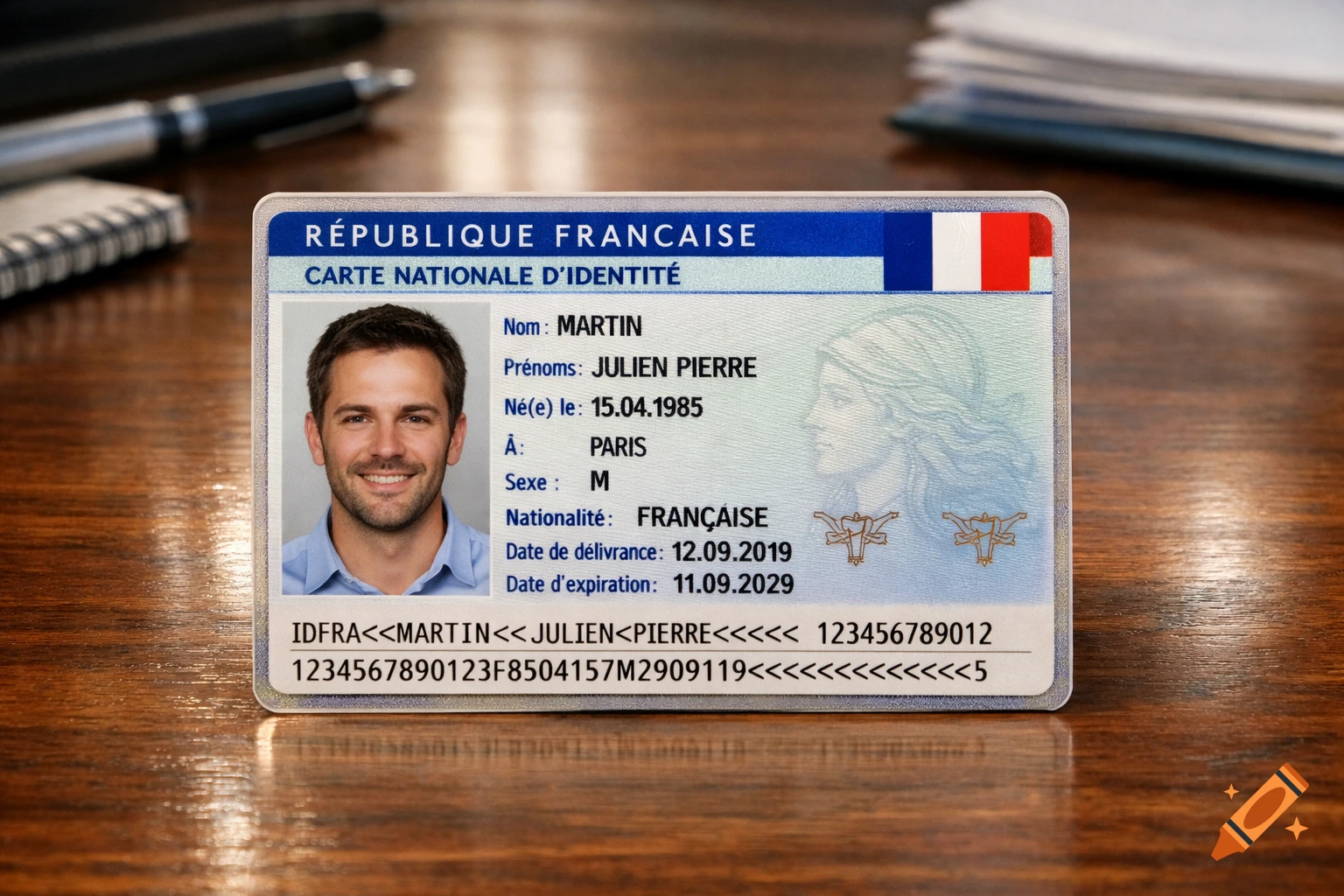 A close-up, photorealistic shot of a French national identity card featuring a smiling man's photo, placed on a wooden desk.