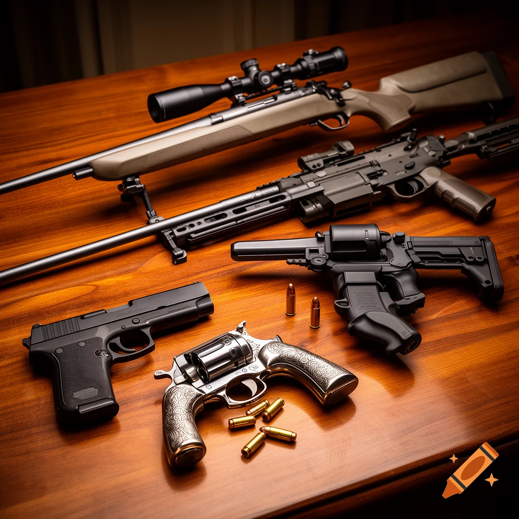 A collection of various firearms including rifles, a pistol, and a revolver, with bullets, displayed on a wooden table.