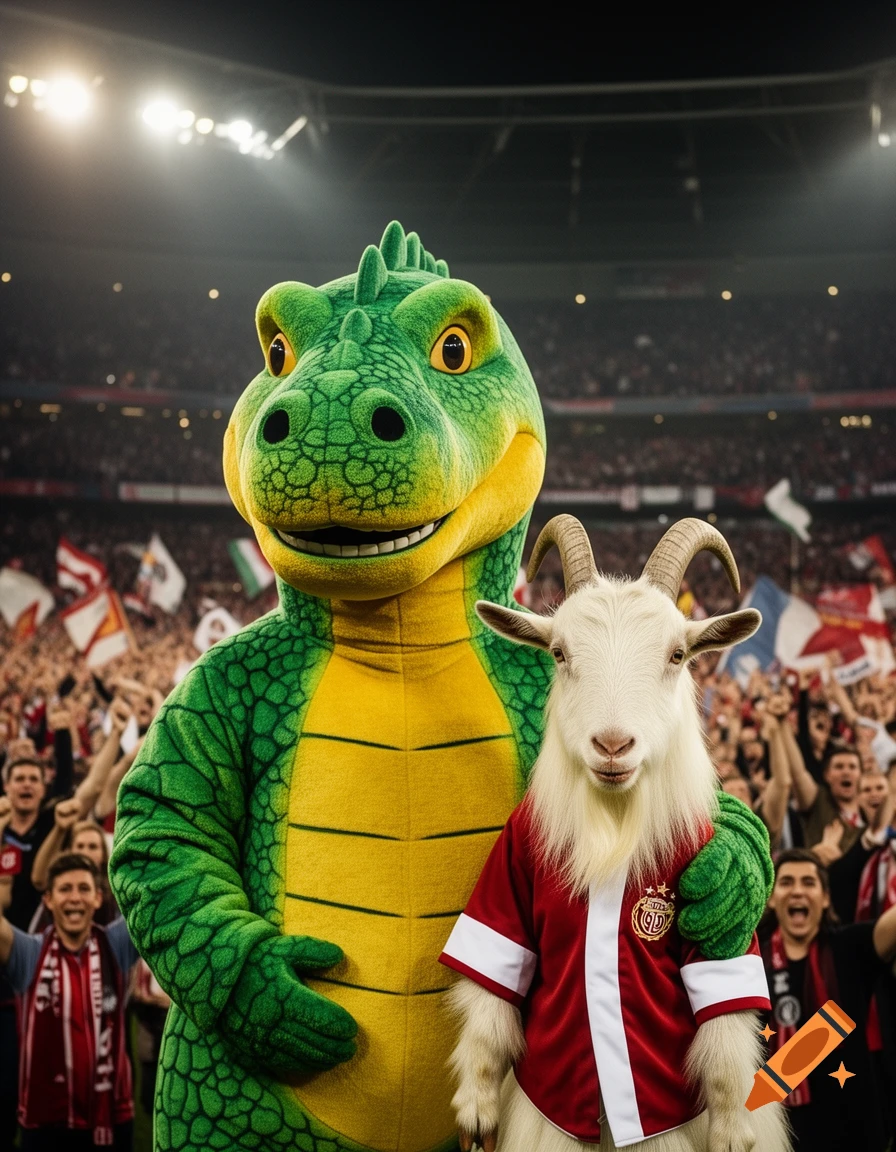 A photorealistic image of a large green dinosaur mascot standing next to a white goat wearing a red jersey, both posing in a packed stadium with cheering fans in the background.