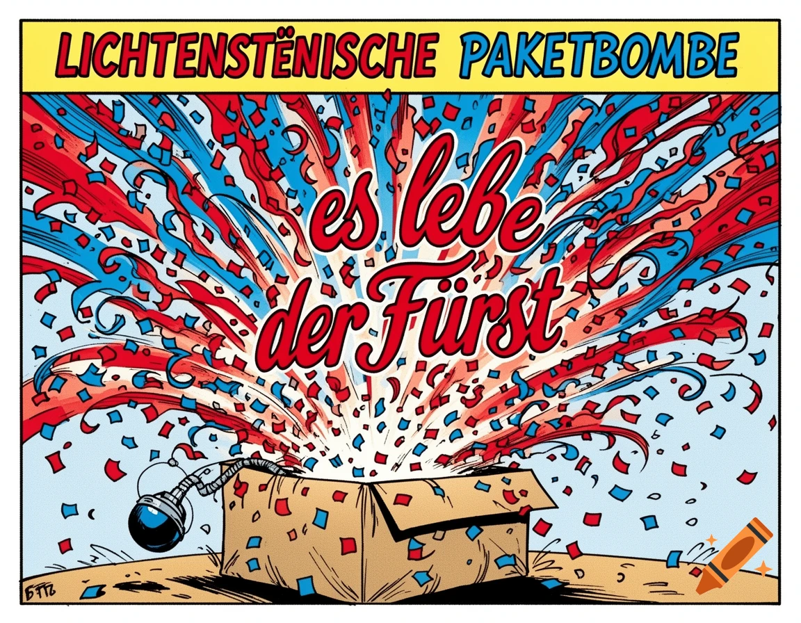 A comic-style illustration shows a cardboard box acting as a "Liechtensteinish Parcel Bomb" exploding with red and blue confetti. The text "es lebe der Fürst" is prominent amidst the explosion.