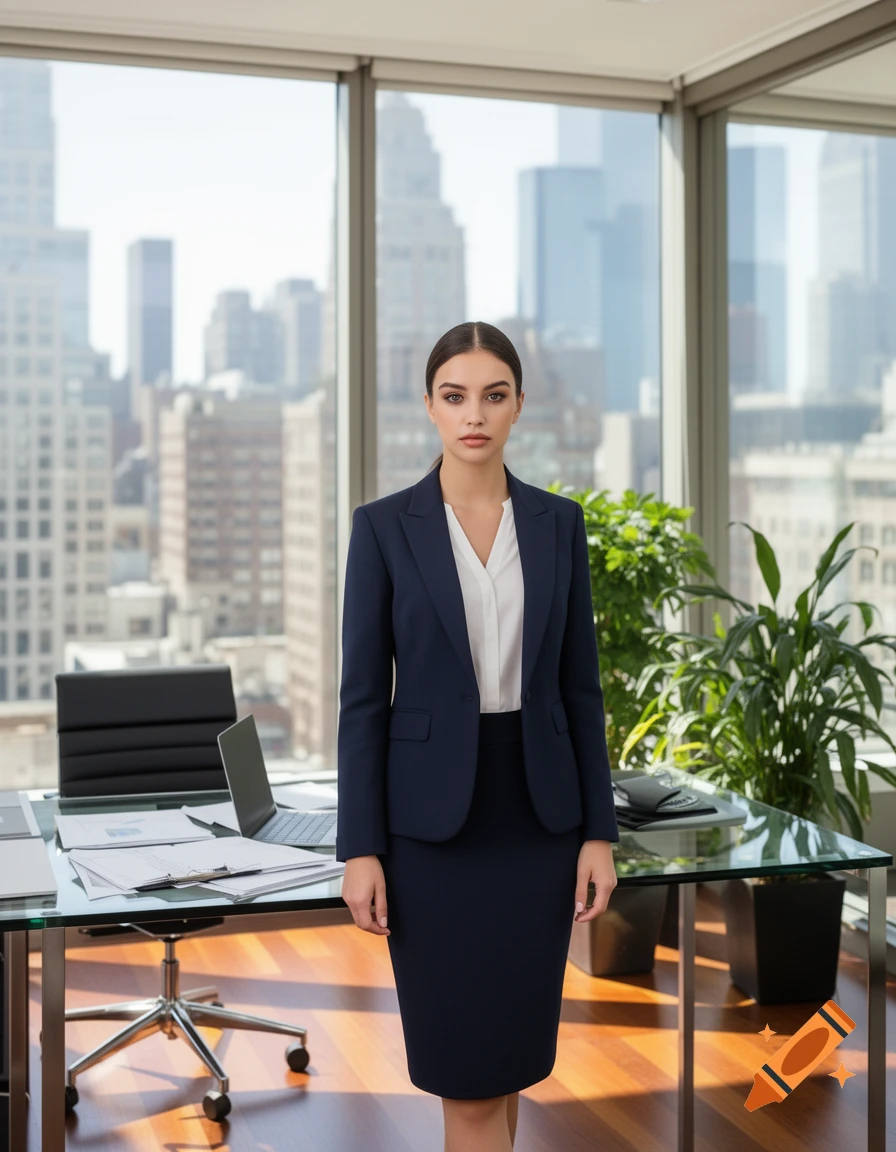 A professional businesswoman in a dark blue suit stands in a modern office with a city skyline view.