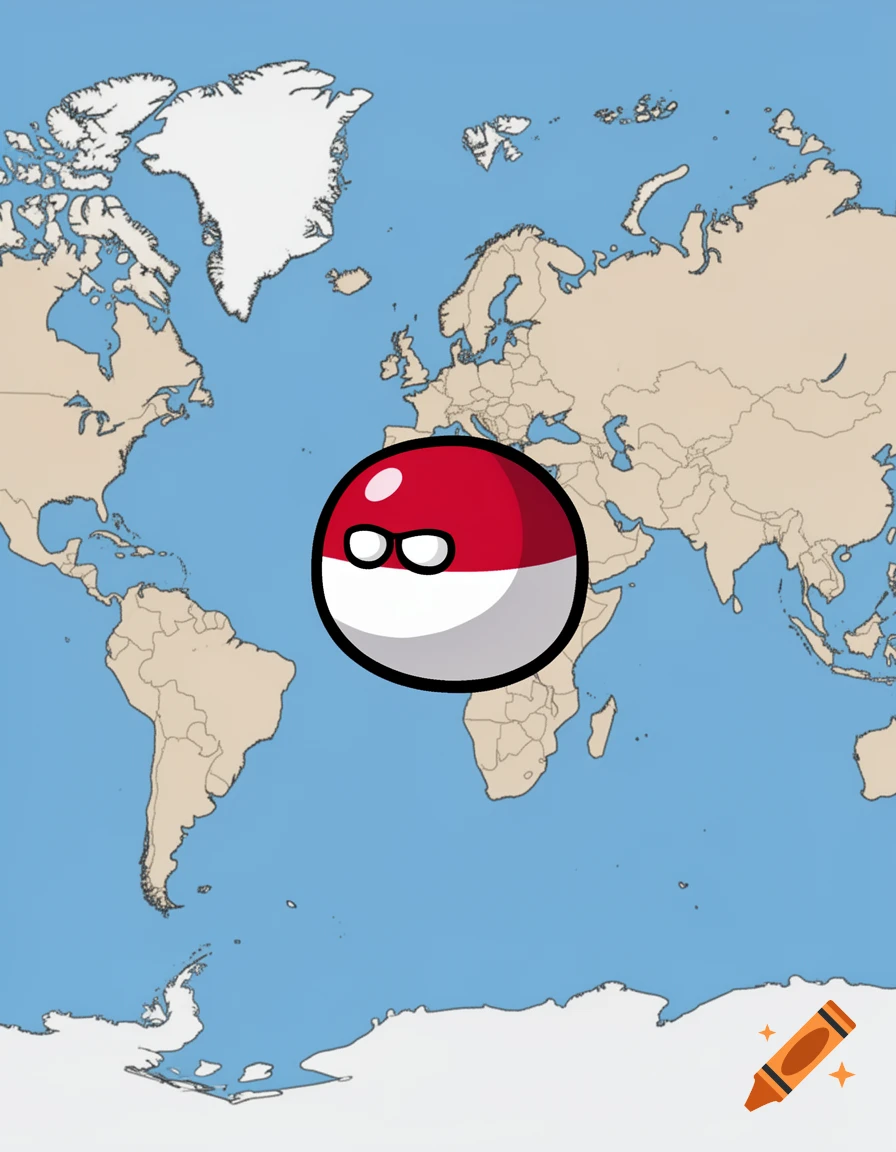 A cartoon Polandball character with red and white colors and simple eyes is centered over a stylized world map.