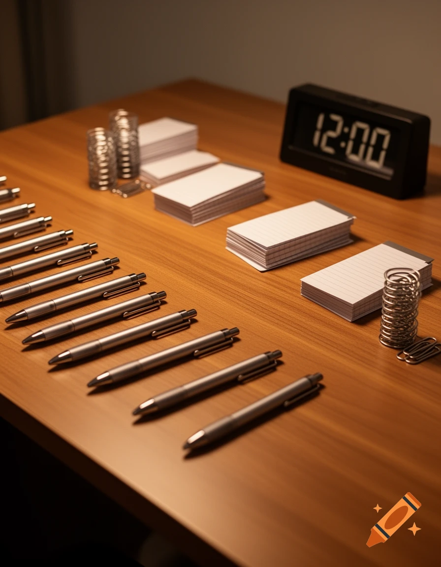 A neat desk with a row of silver pens, stacks of small notepads, metal rings, and a digital clock displaying 12:00.