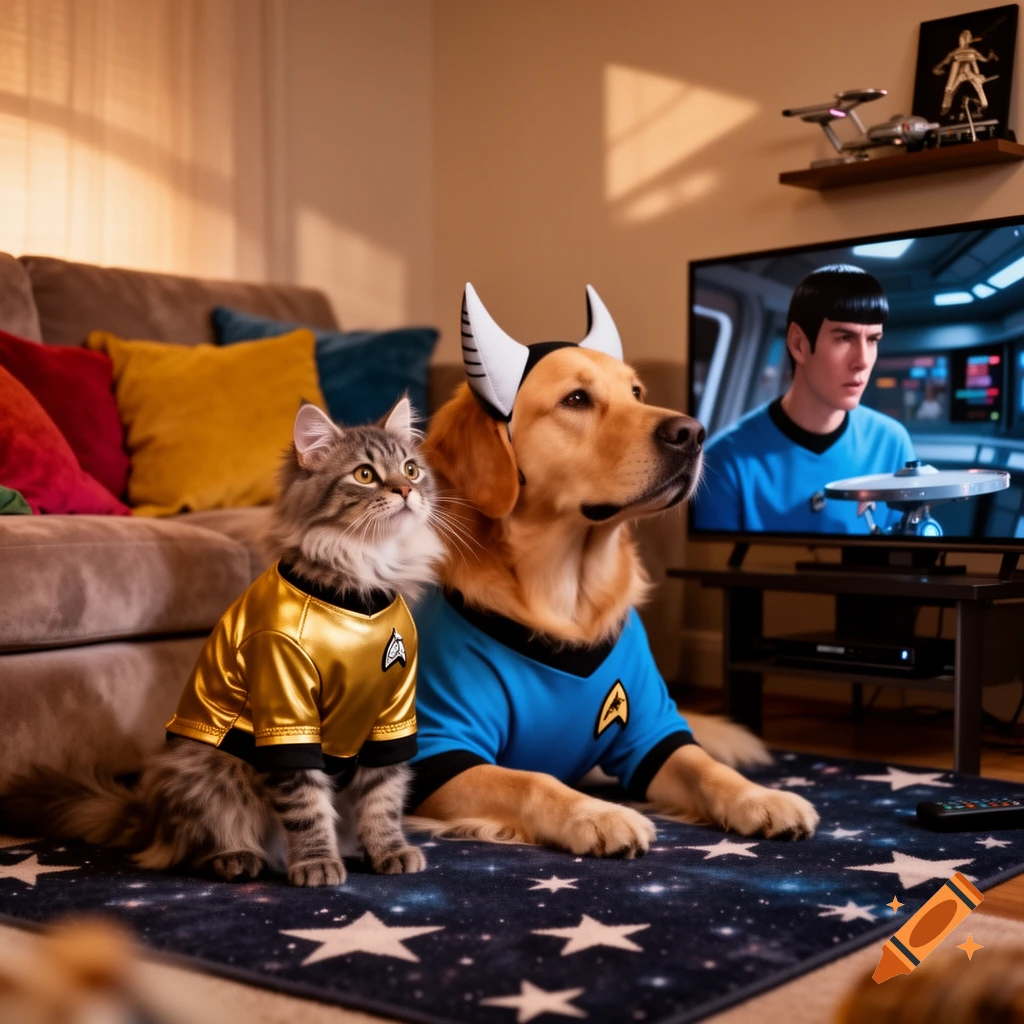 A fluffy cat and a golden retriever, dressed in Star Trek uniforms, watch a Star Trek scene on a TV screen in a living room.