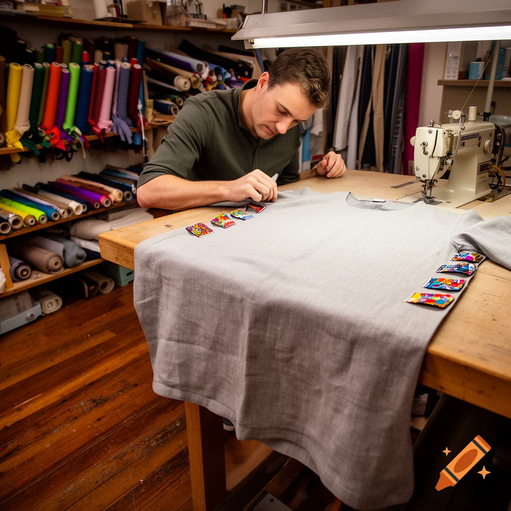 A man meticulously attaches colorful patches to a light gray t-shirt on a wooden table in a textile workshop.