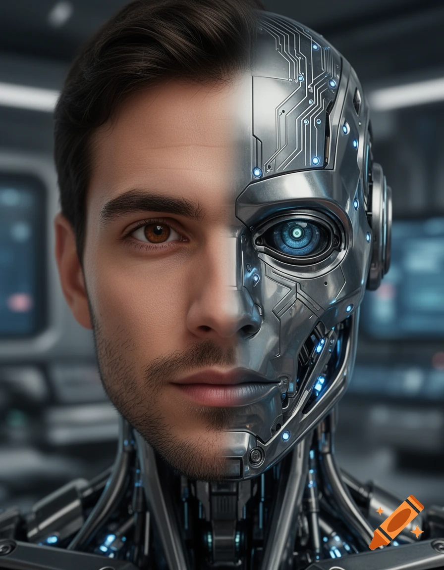 Close-up portrait of a man with half human face and half metallic cyborg face with blue lights.