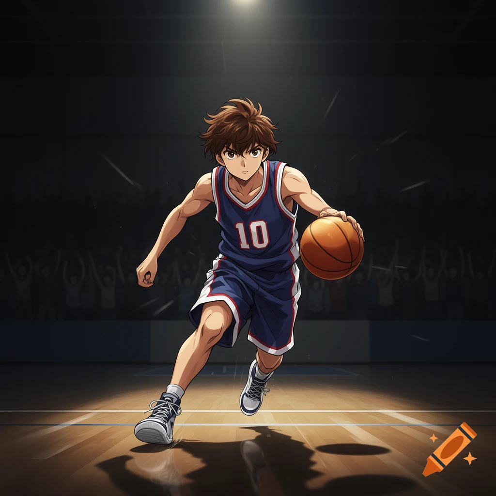 Anime boy in a blue and red jersey with number 10 dribbles a basketball on a court under bright stadium lights.