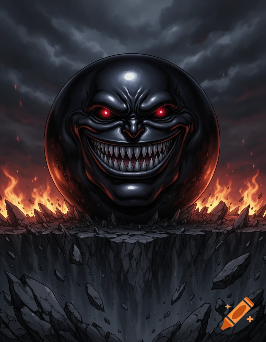 A menacing black spherical creature with glowing red eyes and a wide, toothy grin rises from cracked ground, surrounded by fire under a stormy sky.