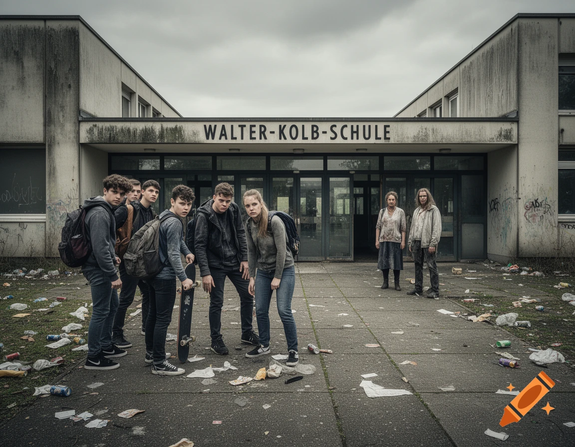 Group of students and two adults in front of a trash-filled, dilapidated school building under a gloomy sky. Photorealistic.