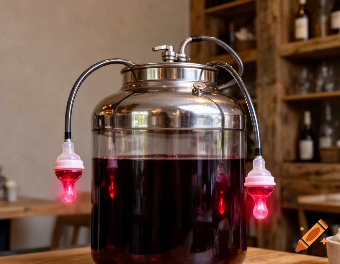 A large, metallic and glass beverage dispenser filled with red liquid, featuring two glowing red baby bottle nipples attached via tubes.