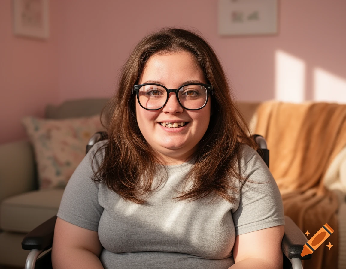 A smiling woman with brown hair, thick glasses, and crooked teeth sits in a wheelchair in a sunlit room. Photorealistic style.