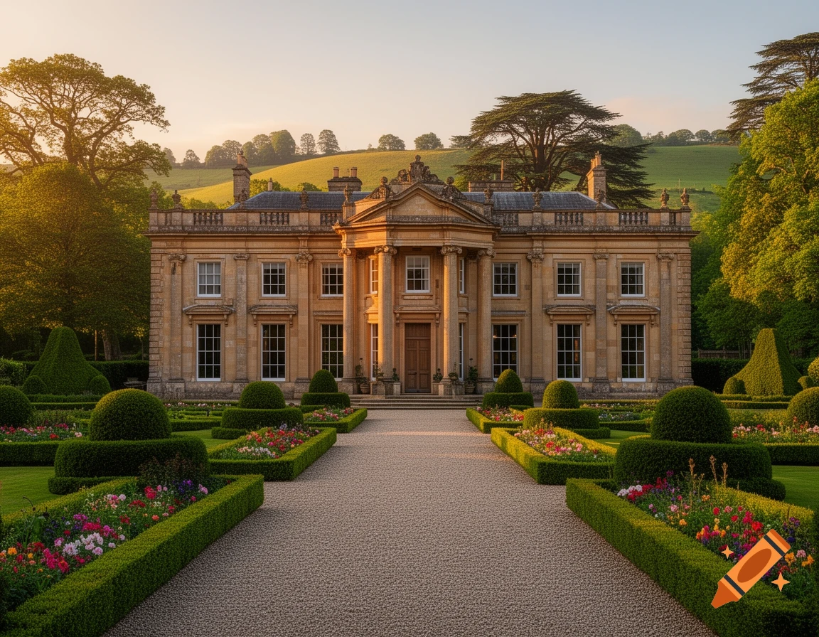 A grand, photorealistic manor house with classical architecture, surrounded by lush formal gardens under a sunny sky.