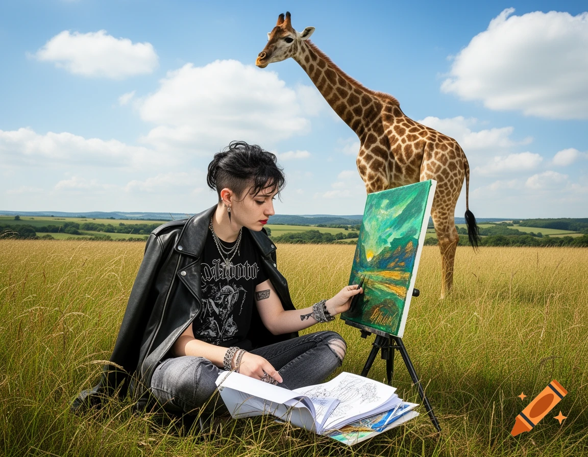 A goth person paints a landscape in a sunny meadow, with a giraffe standing nearby.