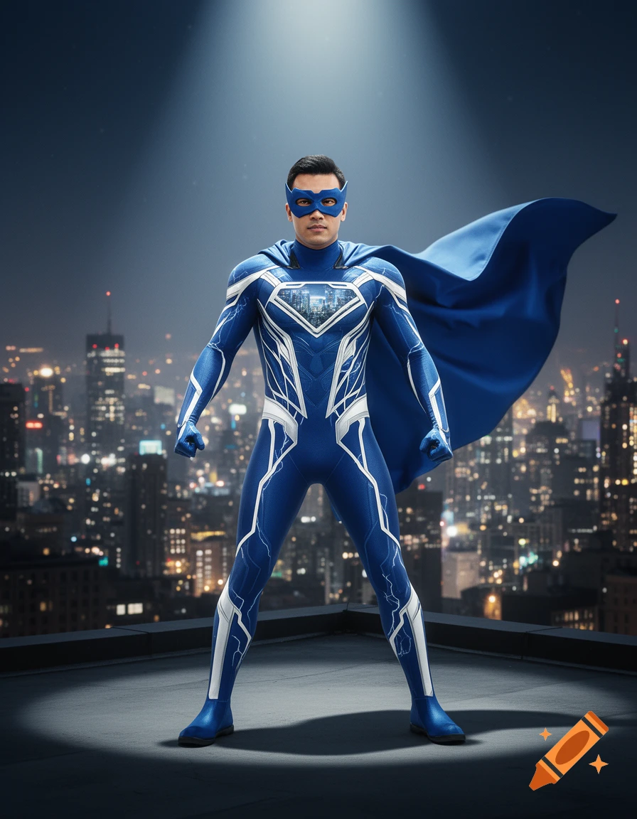 A man in a blue and white superhero suit with a cape and mask stands on ...