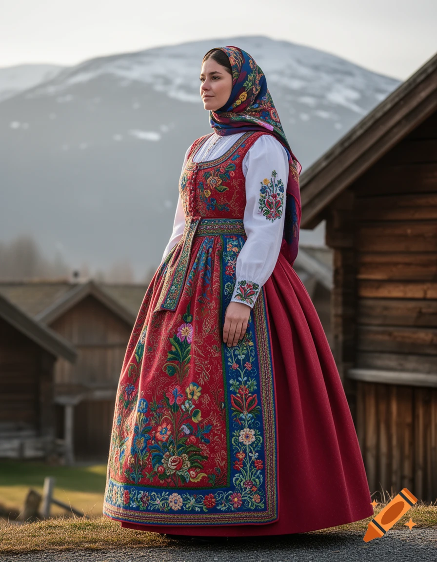 A woman in a colorful, intricately embroidered traditional Norwegian bunad and headscarf stands outdoors against a mountain backdrop.