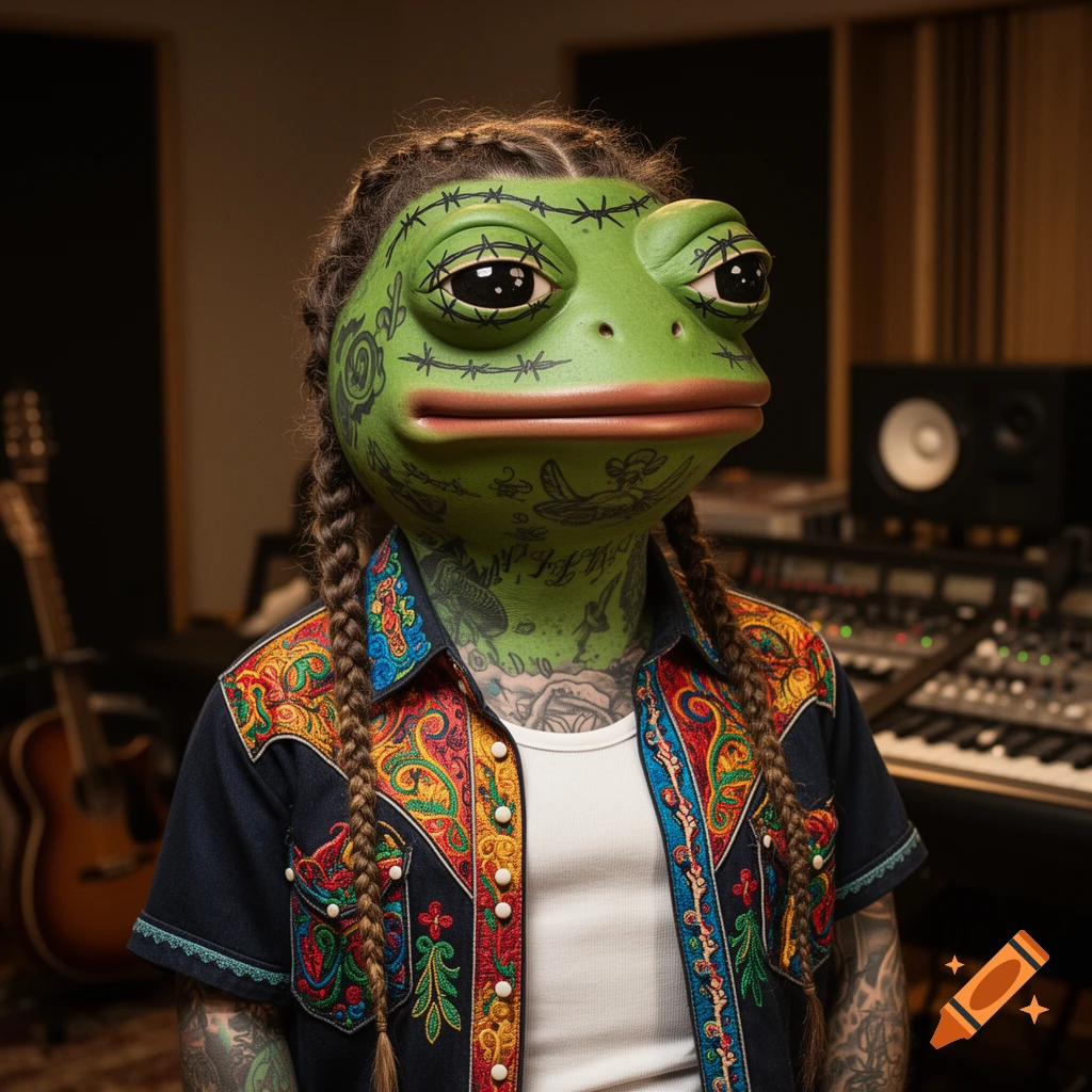 Pepe the Frog with braided hair and face tattoos, wearing an embroidered western shirt over a white tank top, in a recording studio.