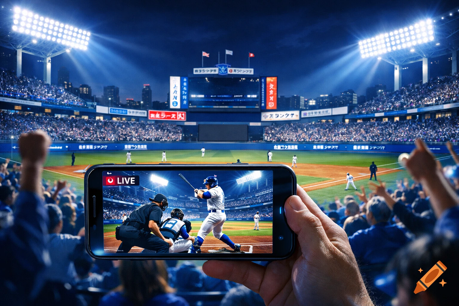 A hand holds a smartphone showing a live baseball game stream, set against a vibrant Japanese stadium at night with cheering fans.