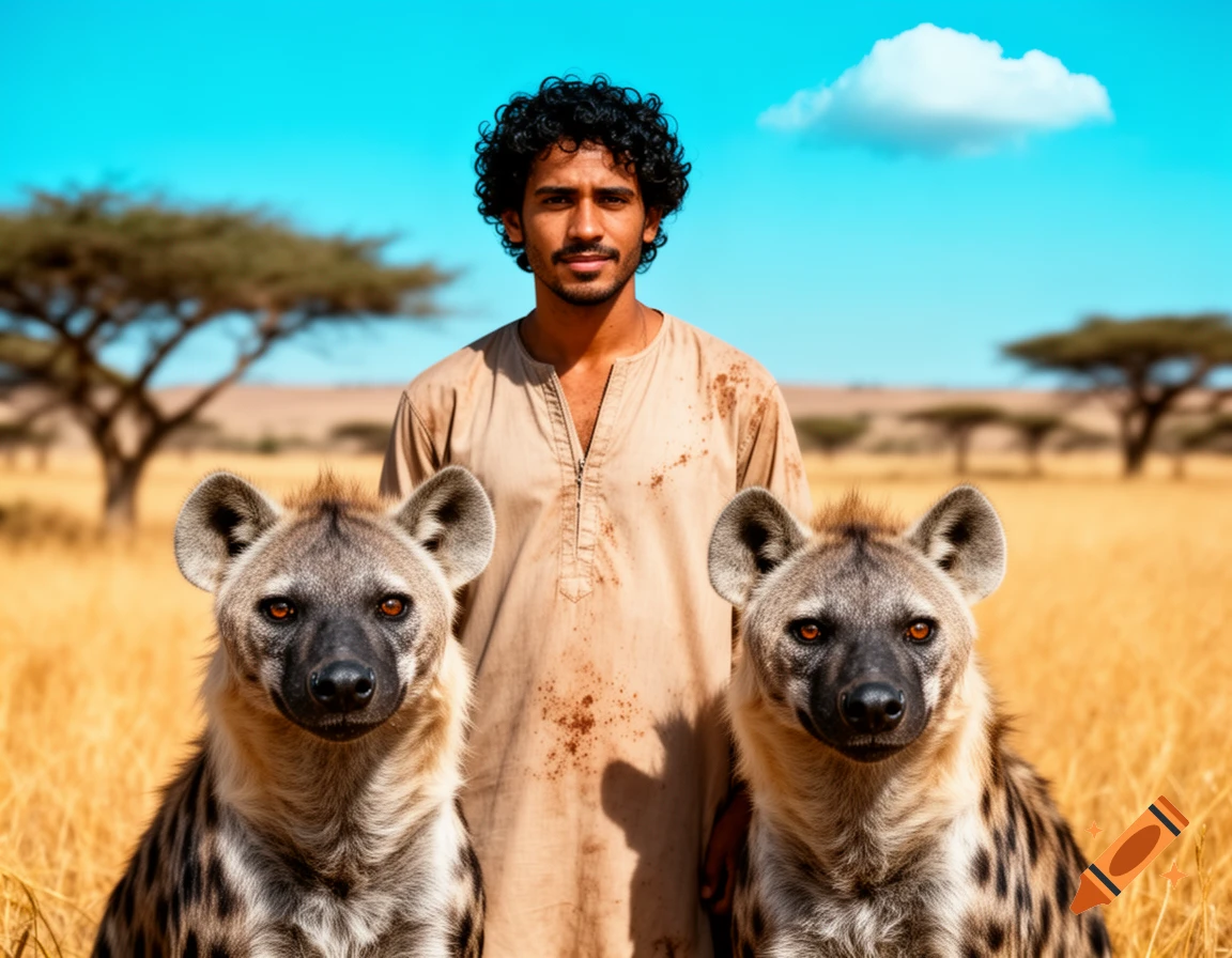 A man with curly hair stands between two hyenas in a golden savannah under a bright blue sky.